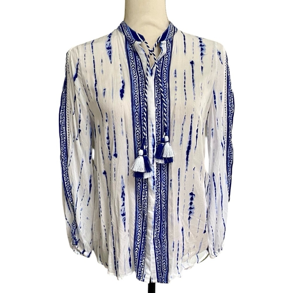 Chico’s Blue White Tie Dye Stripe Tassel Boho Blouse Coastal Top OP S